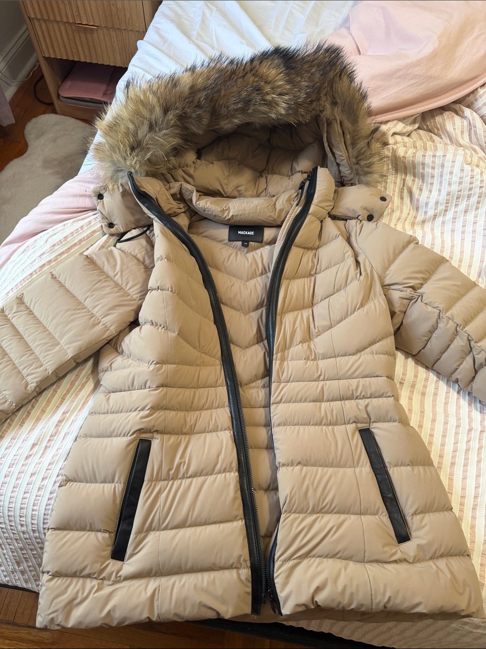 Mackage Women's Beige Quilted Puffer Coat with Faux-Fur Hood